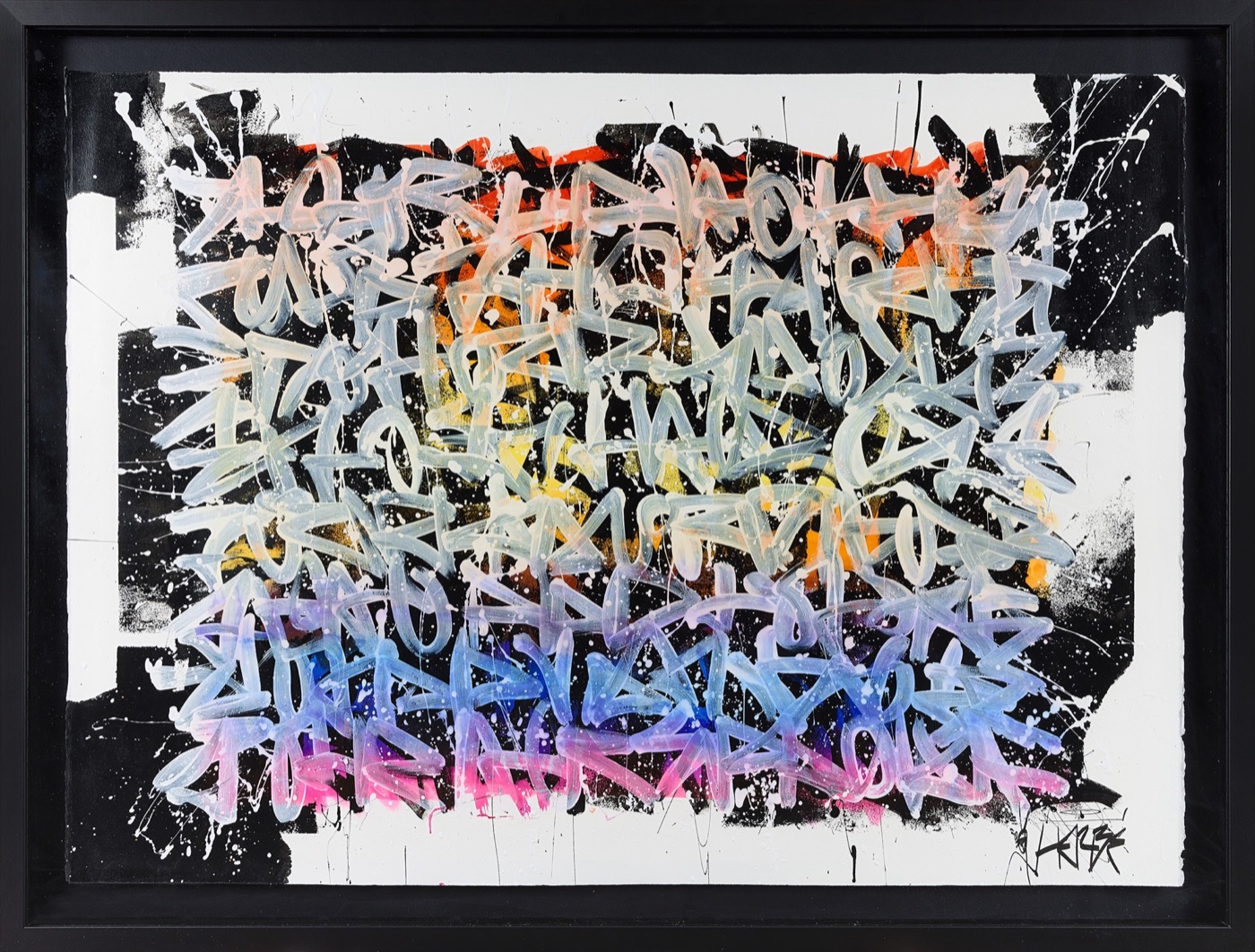Encrage collection framed artwork by Nicolas Herbé with black, white, and orange accents.