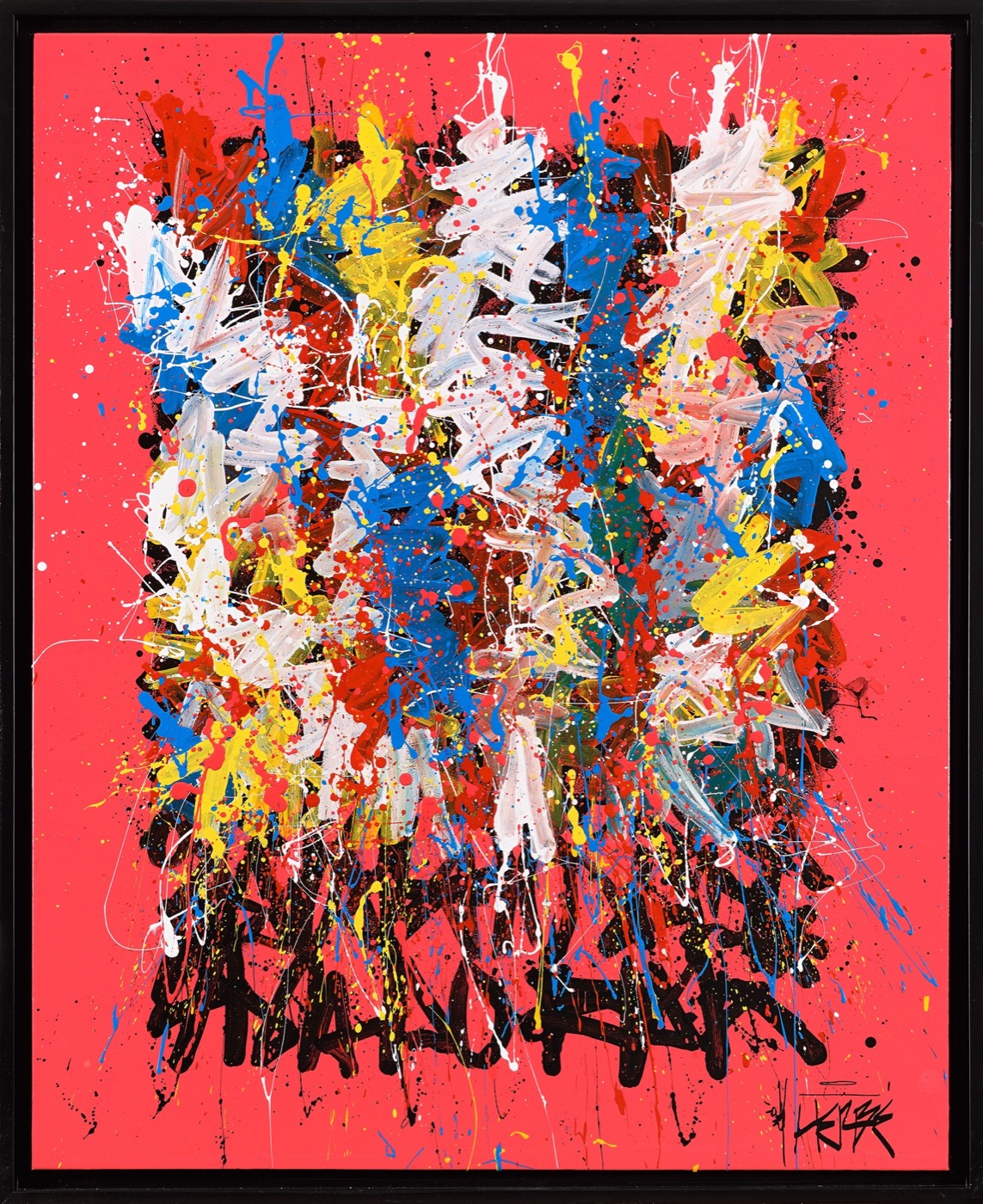 Intention collection framed artwork by Nicolas Herbé on a vivid coral background.